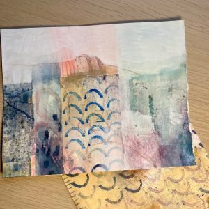 Semi-abstract landscape painting using collage papers, also shown