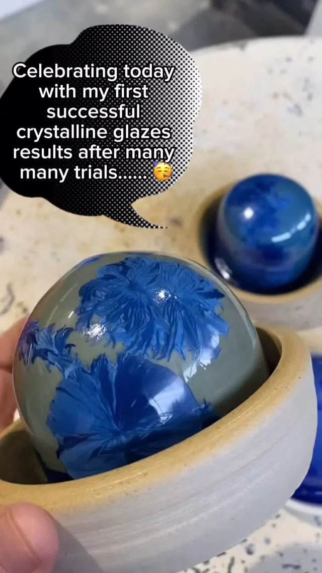 Liz has had a glorious kiln unloading to share today! After countless attempts at the notoriously tricky art of crystalline glazing she’s got some crystals that she’s happy with. Now to make some pots for them to on…..

One day we might develop a course on crystalline glazing from scratch.  What do you think? 

#neworder #crystalllineglaze #cheshireclaystudio